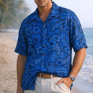 Vintage‎ 80s Naniloa by Lamco Men's XL Blue Hawaiian Camp Shirt Made In Hawaii